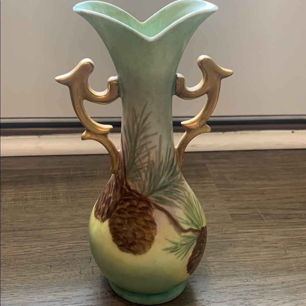 Vintage Green and Gold Vase with Pinecone Design